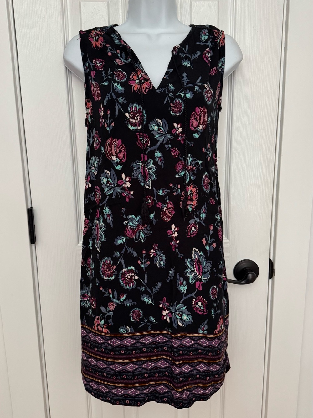 beachlunchlounge Black Floral Shift Dress with Pink & Teal Accents